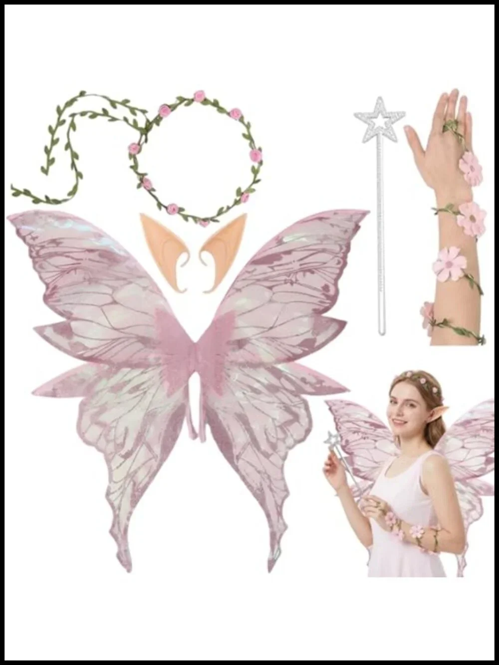Fairy Wings Costume Set Adult Women with Flower Crown Elf Ears Magic Wand